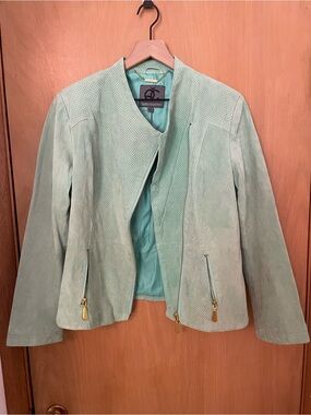 Queen Collection Perforated Mint Green Suede Leather Jacket Size M